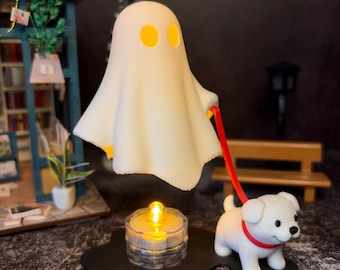 Glowing flying ghost with dog – 3D printed Halloween spooky decoration | Cute ghost figurine
