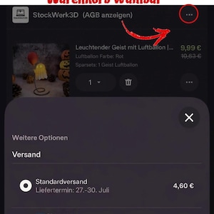 May include: A mobile interface screenshot showing an Etsy shopping cart with a product titled Leuchtender Geist mit Luftballon. The screen displays shipping options including Standardversand, Hermes P&auml;ckchen, and DHL Paket with delivery dates.