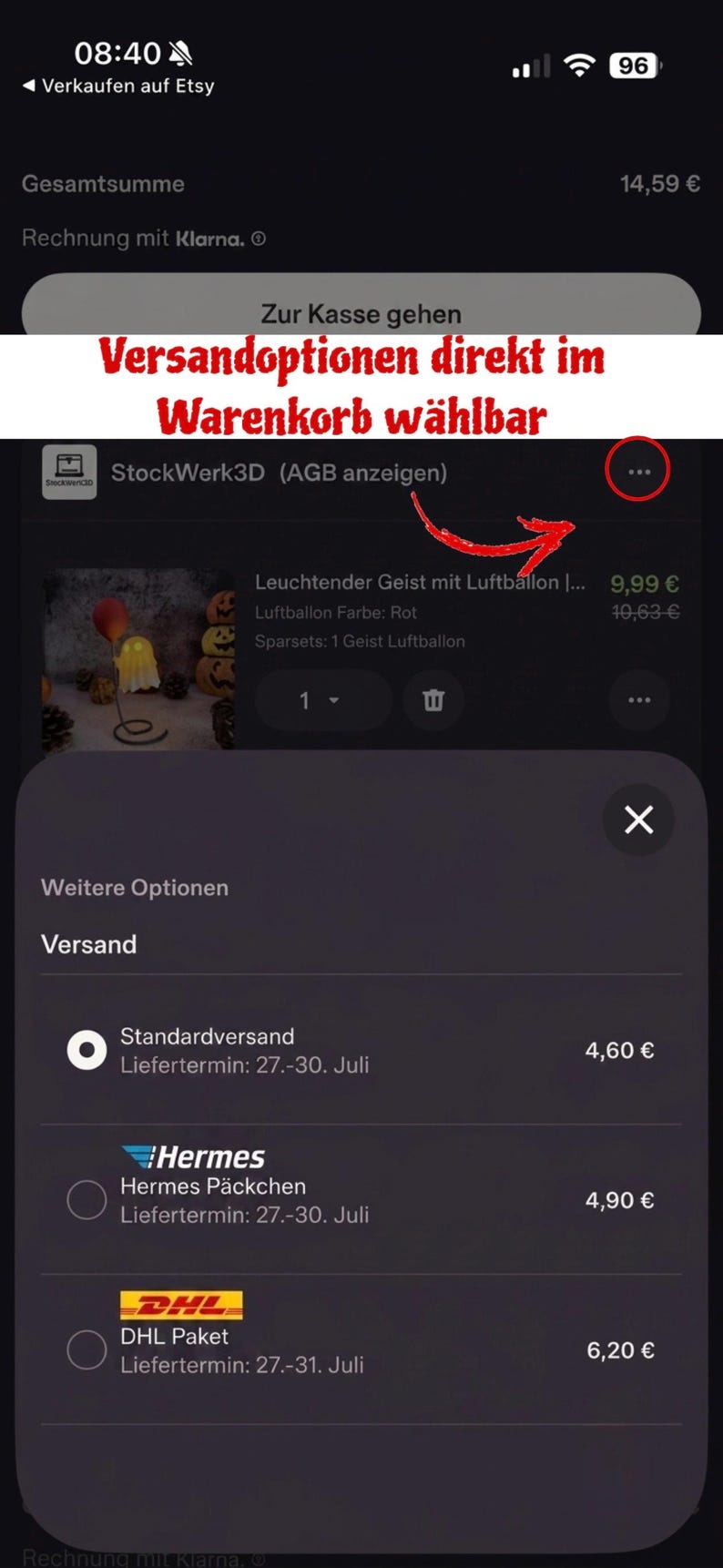 May include: A mobile interface screenshot showing an Etsy shopping cart with a product titled Leuchtender Geist mit Luftballon. The screen displays shipping options including Standardversand, Hermes P&auml;ckchen, and DHL Paket with delivery dates.
