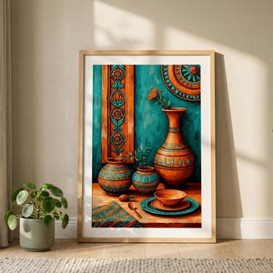 Southwestern Pottery Art Print, türkis orange Boho Vase Poster (Digitaler Download)