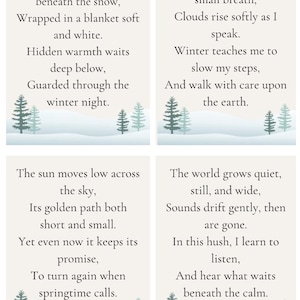 May include: Four winter-themed cards with poems about the season. Each card features a light background, text in a serif font, and illustrations of pine trees and snow-covered ground. The poems evoke a sense of calm and reflection.