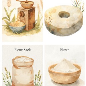 Könnte beinhalten: Aquarellillustrationen zur Getreideverarbeitung. Enthält eine Getreidemühle, einen Mühlstein, einen Mehlsack und eine Schüssel mit Mehl. Der Text im Bild lautet "Grinding Grain", "Millstone", "Flour Sack" und "Flour".