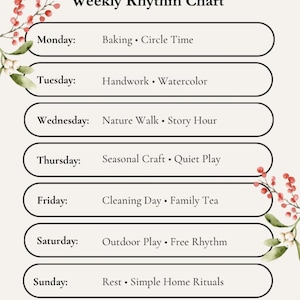 May include: A cream-colored weekly rhythm chart with the text "Slow Winter Days - Waldorf Weekly Rhythm Chart." Each day of the week is listed with associated activities, such as "Baking," "Handwork," and "Nature Walk." Decorative floral elements frame the chart.