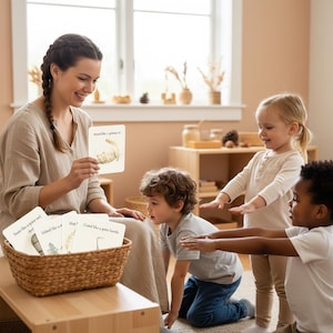 May include: A woman shows a card with a cat illustration and text, "Stretch like a yawning cat," to three children. A woven basket contains more cards. The setting is a well-lit room with wooden furniture, suggesting a learning environment.