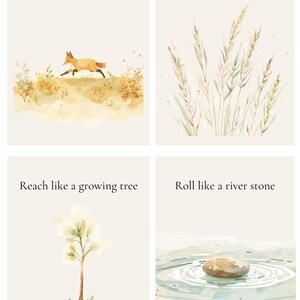 May include: Four watercolour art prints with nature-inspired phrases. The prints feature a running fox, tall grass, a growing tree, and a river stone. Each print has a different phrase: "Run like a playful fox", "Sway like tall grass", "Reach like a growing tree", and "Roll like a river stone".
