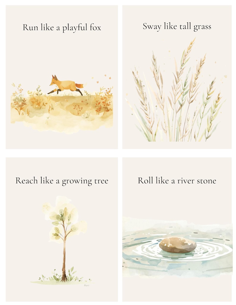 May include: Four watercolour art prints with nature-inspired phrases. The prints feature a running fox, tall grass, a growing tree, and a river stone. Each print has a different phrase: "Run like a playful fox", "Sway like tall grass", "Reach like a growing tree", and "Roll like a river stone".