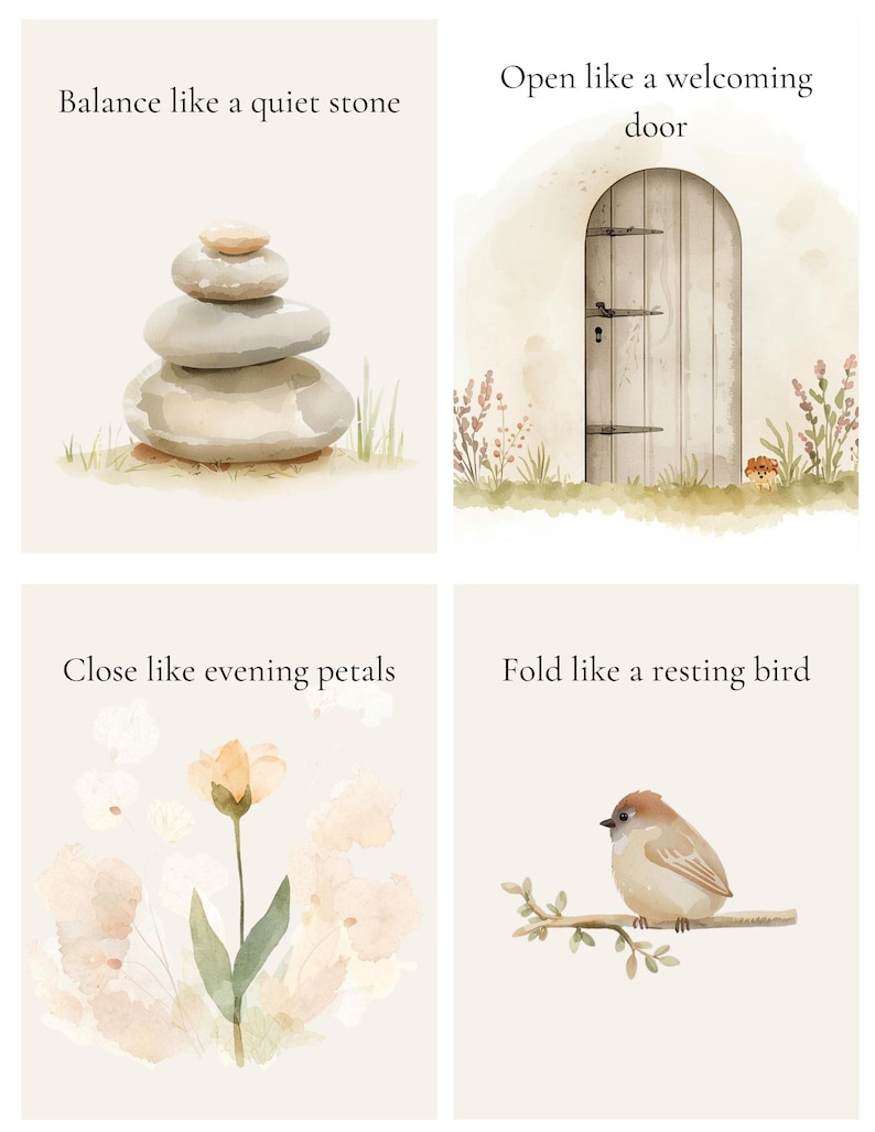 May include: Four watercolour illustrations with text. The first shows a stack of stones with the text "Balance like a quiet stone." The second shows a door with the text "Open like a welcoming door." The third shows a flower with the text "Close like evening petals." The fourth shows a bird with the text "Fold like a resting bird."