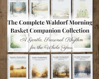 May include: A collection of twelve spiral-bound notebooks, each featuring seasonal watercolor illustrations. The notebooks are labeled with months and include text: "The Complete Waldorf Morning Basket Companion Collection" and "A Gentle, Seasonal Rhythm for the Whole Year."