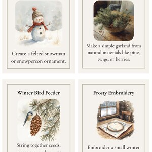 May include: Four watercolor illustrations with text. Top left: a felted snowman with a hat and scarf. Top right: evergreen garland in a bowl. Bottom left: a bird feeder with a bird and pinecone. Bottom right: embroidery of a winter scene.