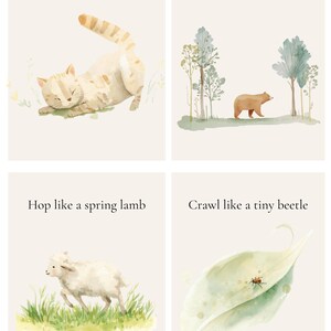 May include: Four watercolour illustrations with text. A cat stretching, a bear walking in a forest, a lamb hopping in grass, and a beetle crawling on a leaf. The text reads: "Stretch like a waking cat", "Walk like a forest bear", "Hop like a spring lamb", and "Crawl like a tiny beetle."