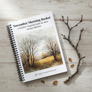 May include: A spiral-bound book titled "November Morning Basket: A Waldorf-Inspired Guide for Slow Autumn Rhythm" with a watercolor illustration of trees and a field. A twig with small branches and leaves rests beside the book on a light wood surface.