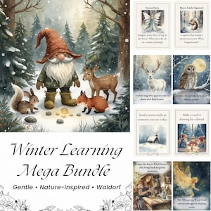 May include: A watercolor illustration of a winter scene with a gnome, deer, fox, and squirrel. The image includes cards with text like "Forest Fairy" and "Winter Learning Mega Bundle". The color palette is soft with blues, greens, and browns.