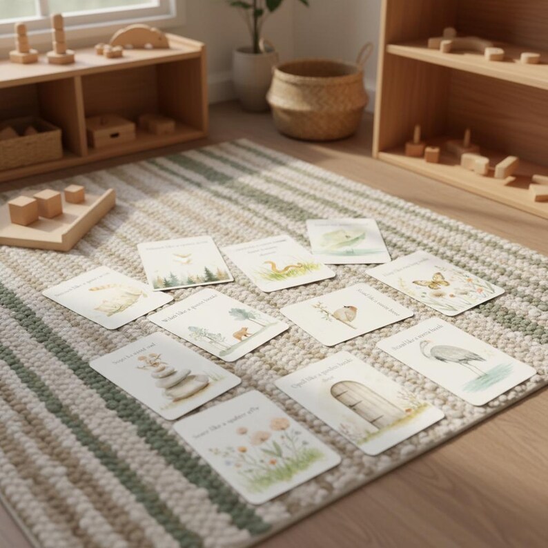 May include: A set of illustrated cards featuring nature scenes, such as a butterfly, a snake, and a bear, are displayed on a striped rug. The cards are part of a children's educational set, with wooden toys in the background.