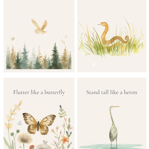 May include: Four watercolour art prints with nature themes. The prints feature an owl, a snake, a butterfly, and a heron, each with a short phrase. The colour palette includes soft greens, browns, and blues, creating a serene and natural aesthetic.