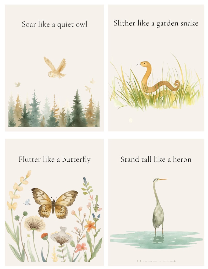 May include: Four watercolour art prints with nature themes. The prints feature an owl, a snake, a butterfly, and a heron, each with a short phrase. The colour palette includes soft greens, browns, and blues, creating a serene and natural aesthetic.