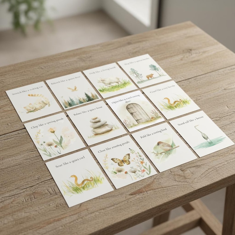 May include: Twelve small cards with watercolour illustrations and text are arranged on a wooden surface. Each card displays a different image, such as a cat, a bird, a snake, and a butterfly, with phrases like "Stretch like a waking cat" and "Soar like a quiet owl."