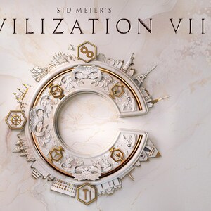 May include: The title Sid Meier's Civilization VII is displayed above a large, circular, white and gold emblem shaped like the letter C. The emblem features intricate architectural carvings and small hexagonal icons with symbols around its perimeter.