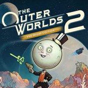 以下が含まれることがあります： ビデオゲーム「The Outer Worlds 2 Premium Edition」のパッケージアートには、月のような丸い頭にシルクハットとスーツを身に着けたキャラクターが描かれており、惑星の表面で大きな赤い生物の上に立ち、暗い空には宇宙船が飛んでいます。