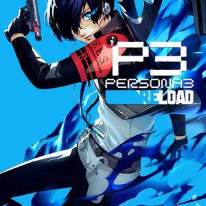May include: A digital illustration featuring a character with dark hair and blue eyes, holding a handgun. The character wears a black and white outfit with a red armband. The text P3 PERSONA3 RELOAD is displayed in white against a vibrant blue background.