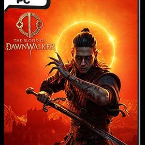 May include: A PC game cover for The Blood of Dawnwalker featuring a warrior with long hair holding a sword against a bright orange sun background. The character has visible markings on their arm and wears dark armor. The title text is at the top left.