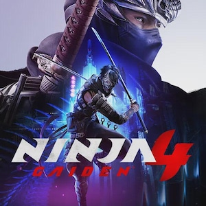 Könnte beinhalten: Ein Werbeplakat für Ninja Gaiden 4 mit einer großen, maskierten Figur in einem dunklen Helm und einer kleineren, dynamischen Ninja-Figur in Kampfhaltung mit einem Schwert. Der Text NINJA GAIDEN 4 ist in fetten weißen und roten Buchstaben zu sehen.