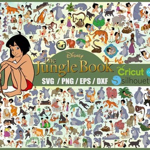 Könnte beinhalten: Eine digitale Grafik mit Charakteren und Szenen aus Disneys "Dschungelbuch". Das Bild zeigt Mogli, Balu, Baghira und andere Tiere. Der Text enthält "The Jungle Book" und Dateitypoptionen: SVG, PNG, EPS und DXF.