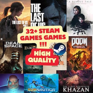 Könnte beinhalten: Eine digitale Collage mit verschiedenen Videospiel-Covern, darunter The Last of Us Part I, A Plague Tale Innocence, Dead Space, Elden Ring, Resident Evil 7, Doom Eternal, Subnautica und The First Berserker Khazan mit Steam-Branding.