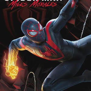 Può includere: Un poster che raffigura Spider-Man Miles Morales in un costume nero e rosso con un pugno giallo luminoso. Il testo recita MARVEL SPIDER-MAN MILES MORALES in alto e BE GREATER BE YOURSELF in basso su uno sfondo geometrico scuro.