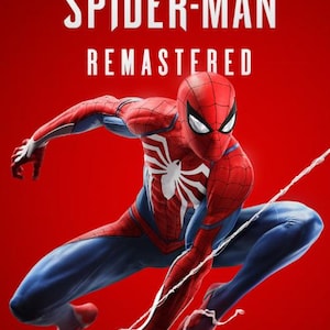 May include: A digital illustration of Spider-Man in a red and blue suit with a large white spider emblem on the chest, crouching against a solid red background. The text MARVEL SPIDER-MAN REMASTERED is displayed in white at the top of the image.