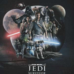Może przedstawiać: Plakat promocyjny Star Wars Jedi Survivor przedstawiający centralną męską postać w otoczeniu różnych postaci, w tym Dartha Vadera, droida i innych istot na tle ciemnej przestrzeni kosmicznej z planetami oraz tytułem gry.