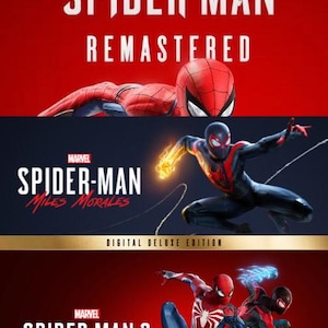 May include: A promotional graphic featuring three Marvel Spider-Man video game titles. The top section shows Spider-Man Remastered on a red background. The middle section displays Spider-Man Miles Morales on a dark background. The bottom shows Spider-Man 2.