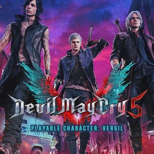 Op de afbeelding: Een promotieposter voor het videospel Devil May Cry 5 met drie personages op een stadsstraat in de nacht onder een paarse en rode lucht. De tekst luidt Devil May Cry 5 en Playable Character: Vergil in het midden.
