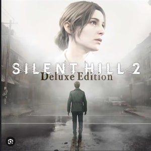 Könnte beinhalten: Ein Videospiel-Cover für Silent Hill 2 Deluxe Edition mit einer Person, die in der Mitte einer nebligen, verlassenen Straße steht. Darüber befindet sich ein großes, ätherisches Porträt einer Person mit hellbraunem Haar, die zur Seite blickt.