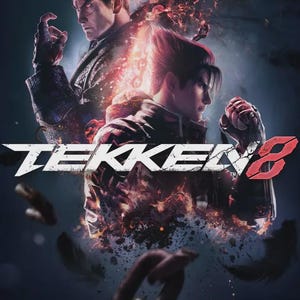 Può includere: Un poster promozionale per il videogioco Tekken 8 con due personaggi maschili in posizione di combattimento. Un personaggio ha capelli scuri a punta e occhi rossi luminosi, l'altro ha capelli scuri. Entrambi sono circondati da fiamme arancioni e catene.