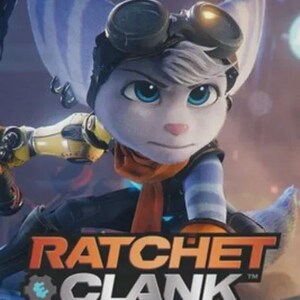 Puede incluir: Una ilustración digital de un personaje antropomórfico blanco con orejas grandes, que lleva gafas negras en la cabeza, un atuendo oscuro con detalles naranjas y un brazo mecánico amarillo. Se muestra el texto RATCHET & CLANK RIFT APART.