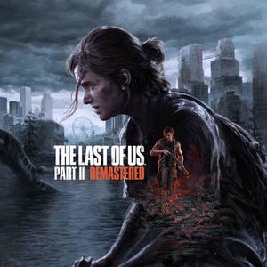 Puede incluir: Ilustración de "The Last of Us Part II Remastered" que muestra a una mujer en un entorno postapocalíptico. La imagen presenta una ciudad inundada con una figura armada. El título del juego se muestra.