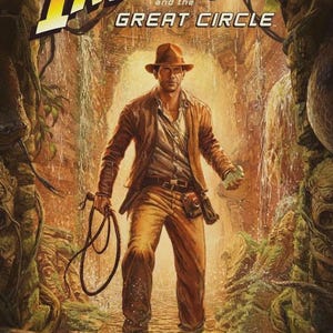 Może przedstawiać: Plakat Indiana Jones and the Great Circle przedstawiający mężczyznę w brązowym kapeluszu fedora, beżowej koszuli i brązowej kurtce, stojącego w dżunglowym strumieniu. Trzyma zwinięty bicz i mały zielony przedmiot na tle kamiennych ruin.