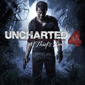May include: A video game cover art featuring a man standing in a dark jungle holding a handgun. The title Uncharted 4 A Thief's End is displayed in white and red text across the center. The man wears a dark shirt and pants in a dense forest.