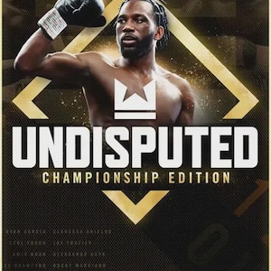 Peut inclure: Une affiche promotionnelle pour le jeu vidéo Undisputed Championship Edition montrant un boxeur avec un gant noir levé, un logo couronne blanc et le texte Undisputed Championship Edition sur un fond sombre avec des accents dorés.