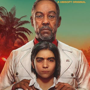 May include: A promotional poster for the video game Far Cry 6 featuring the text Far Cry 6 A Ubisoft Original. An older person in a white jacket stands behind a younger person in a white shirt, with both looking forward against a tropical background.