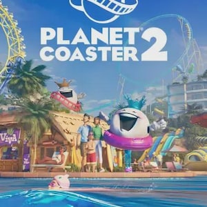 Może przedstawiać: Okładka gry wideo Planet Coaster 2 przedstawia jasnoniebieskie niebo nad parkiem wodnym z dużą białą maskotką w koronie i różowym kółku do pływania, basenem na pierwszym planie oraz kolejką górską w tle.