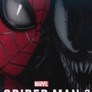 May include: A promotional graphic for Marvel Spider-Man 2 featuring a close-up of the red and black textured Spider-Man mask on the left and the dark, toothy, white-eyed Venom character on the right, with the title text displayed below.