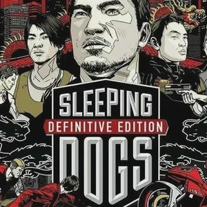 Könnte beinhalten: Eine grafische Illustration für das Videospiel Sleeping Dogs Definitive Edition mit einer zentralen männlichen Figur, einer Stadtsilhouette, einem roten Motorrad und einem Polizeiauto, wobei der Titel zentral im Bild dargestellt ist.