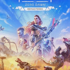 Può includere: La copertina del videogioco Horizon Zero Dawn Remastered presenta un personaggio centrale dai capelli rossi che impugna un arco, circondato da varie figure umane e creature animali meccaniche su un cielo blu e paesaggio.