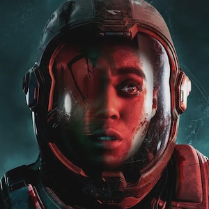 Könnte beinhalten: Ein digitales Poster für Directive 8020 mit einer Person, die einen dunklen, verwitterten Weltraumhelm mit gesprungenem Visier trägt. Die Person hat einen besorgten Ausdruck und wird von rotem Licht vor einem dunklen, blaugrünen Hintergrund beleuchtet.