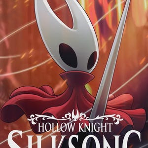 Könnte beinhalten: Eine digitale Illustration der Figur Hornet aus Hollow Knight Silksong, mit einer weißen Maske mit schwarzen Augen, einem roten Umhang und einer langen Nadelwaffe. Der Text Hollow Knight Silksong ist in Weiß vor einem warmen orangefarbenen Hintergrund.