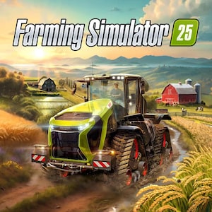May include: A digital illustration of a green and black tractor driving on a dirt road through a field. The text "Farming Simulator 25" is at the top. A red barn and rolling hills are in the background.