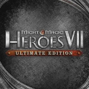 Könnte beinhalten: Ein dunkler, texturierter metallischer Hintergrund mit dem silberfarbenen Schriftzug Might & Magic Heroes VII in fetter Schrift, wobei die Worte Ultimate Edition in kleinerer, weißer Schrift auf einem rostfarbenen Banner unter dem Titel stehen.