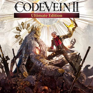 Könnte beinhalten: Ein Videospiel-Cover für Code Vein II Ultimate Edition mit einer zentralen Figur mit langem weißem Haar und goldener Krone, die einer Figur mit silbernem Haar und leuchtend gelber Hand gegenübersteht, vor einer Kulisse aus Ruinen und Licht.