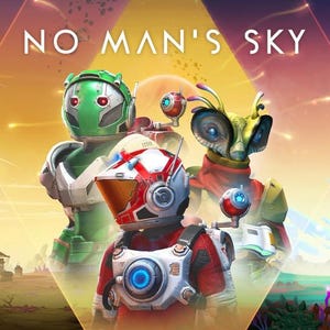 Może przedstawiać: Cyfrowa ilustracja do gry No Man's Sky przedstawiająca trzy postacie w skafandrach kosmicznych i obcych strojach. Na pierwszym planie widać postać w czerwono-białym hełmie, a w tle kolorowy obcy krajobraz z widocznymi strukturami.